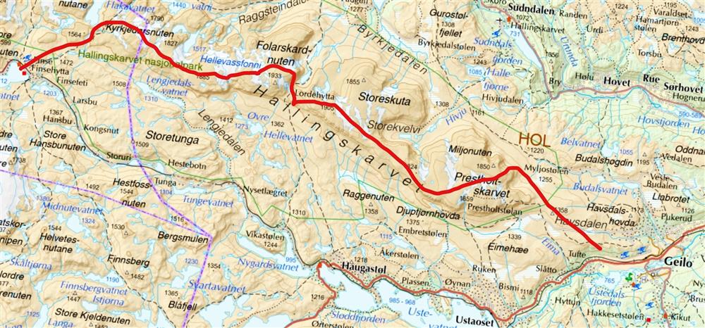 Kart over terrenget mellom Finse og Geilo - Klikk for stort bilde