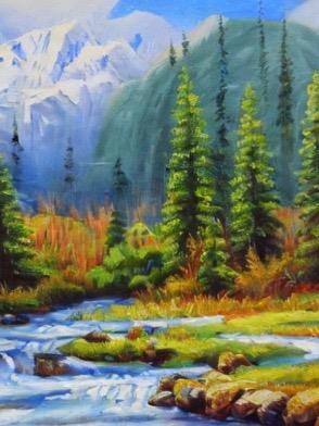 Maleri av skog, vann og fjell - Klikk for stort bilde